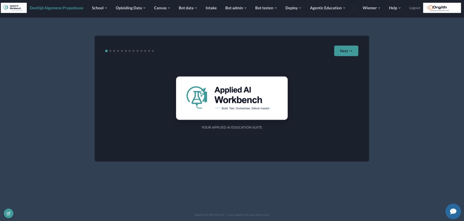 Screen of the Applied AI Workbench, with a menu bar across the top: School, Opleiding Data, Canvas, Bot data, Intake, Bot admin, Bot testen, Deploy and Agentic Education.